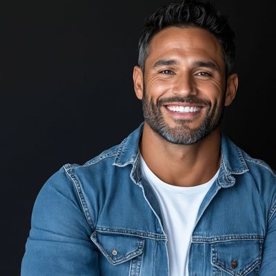 man with healthy hair smiling from benefits of hair restoration treatment
