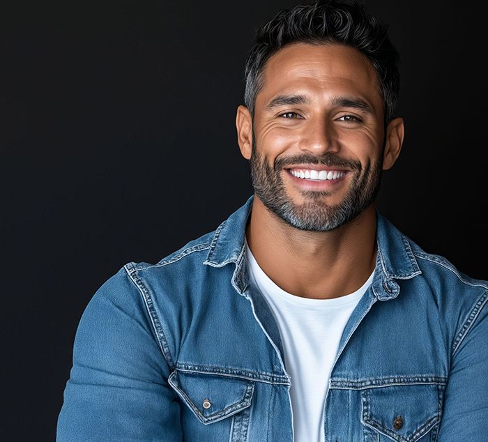 man with healthy hair smiling from benefits of hair restoration treatment