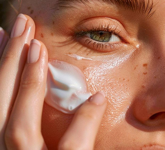woman applying medical grade sunscreen to face for sun protection