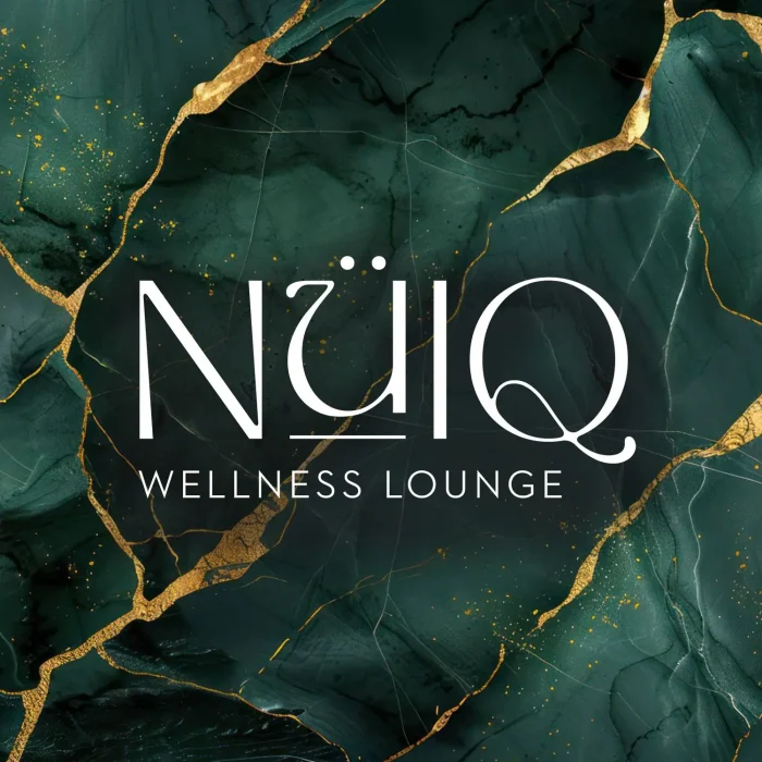 NuIQ Wellness Lounge logo with marble background