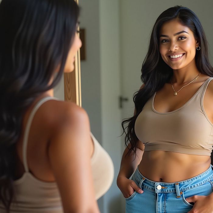 beautiful woman looking at her reflection in the mirror after weight loss through GLP-1 in Cleveland