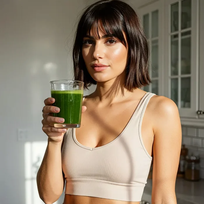 woman enjoying a green juice after a wellness panel testing at NuIQ